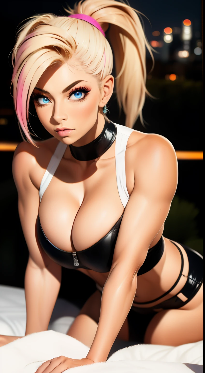 1girl, masterpiece, realistic, Alexa Bliss, face zoom, perfect makeup, eyelashes, light blue eyes, sitting on bed, leaning forward, bedroom, ((night time)), long hair, pink highlights blonde hair, ponytail hairstyle, huge breasts, hourglass body, defined thick thighs, erotic style, shiny latex, skintight pink vertical lines blue outfit, erotic outfit, eyes at viewer, focus on face, kissing mouth,