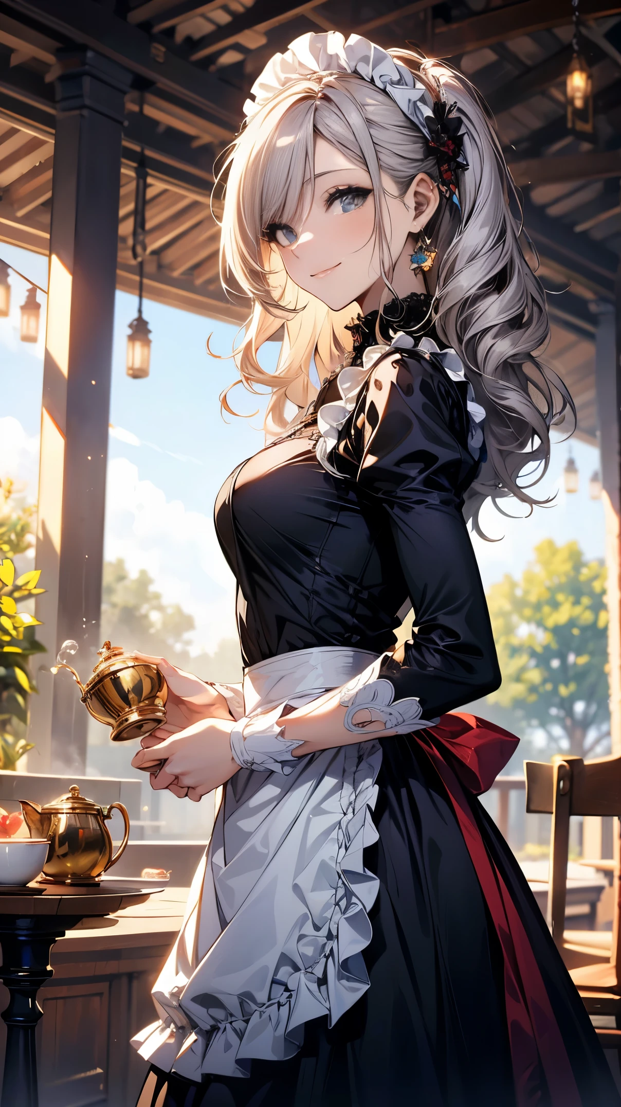(Masterpiece, best quality), (ultra high resolution, 8K RAW photo, photo realistics:1.5, textile shading, thin outline), Beautuful Matured woman preparing tea-party in the garden, (tea set, tea pot, tea cups, some cakes on dish), Gothic table, wearing traditional dark-brown maid uniform, maid costume:1.2, long flare skirts, apron, Tall and long legs, long white hair, wearing rimless grasses, (milf:1.5, 28 years old, solo), (large breast, sagging breast, big tits, narrow waist), (long white hair, hair over one eye, updo, side lock, asymmetric hair, wavy hair), (bright pupils, detailed eyes, high detailed face, Perfect face shape, eye rush), (seductitve smiling, half-closing eyes), (looking at viewers:1.3), (dynamic angle, tighs focus, from side below:1.2), ((correct anatomy:1.5, correct hands)), (ideal ratio of body proportions), outdoor, glass garden,