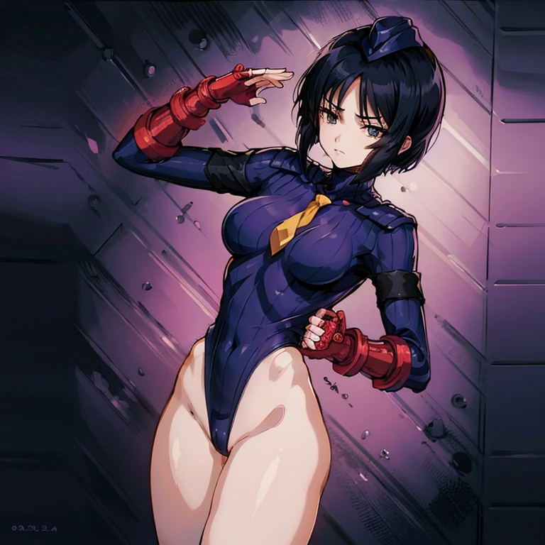 ultra-detailed, Explicit, Beautiful body, Beautiful Nose, Beautiful character design, perfect eyes, perfect face, ultra highres, 4K, beautiful legs, perfect legs, Nice hands, Perfect hand, Masterpiece, Best Quality, Highly detailed, illustration, absurdres, perfect anatomy, street fighter, doll suit, shadaloo doll, dollsuit, girls, multiple girls, expressionless, blank eyes, looking at viewer, red gloves, emotionless, black latex, corrution, mind control, female combatant, full body, hypnotized, unhappy trance, full body suit, ribbed bodysuit, both arms at side, obey, perfect female body, extremely glossy latex, hypnosis, hypnoLora, empty eyes, Mind control device, poses, submissive_pose, Slave, hat, necktie, stand up straight, standing, standing at attention, hat, necktie, latex, ribbed bodysuit, thighhighs, garter belt, Fighting Stance, military, thigh boots, 1girl, Solo, Kotomi Takanashi, DNA², black hair, short hair, black eyes