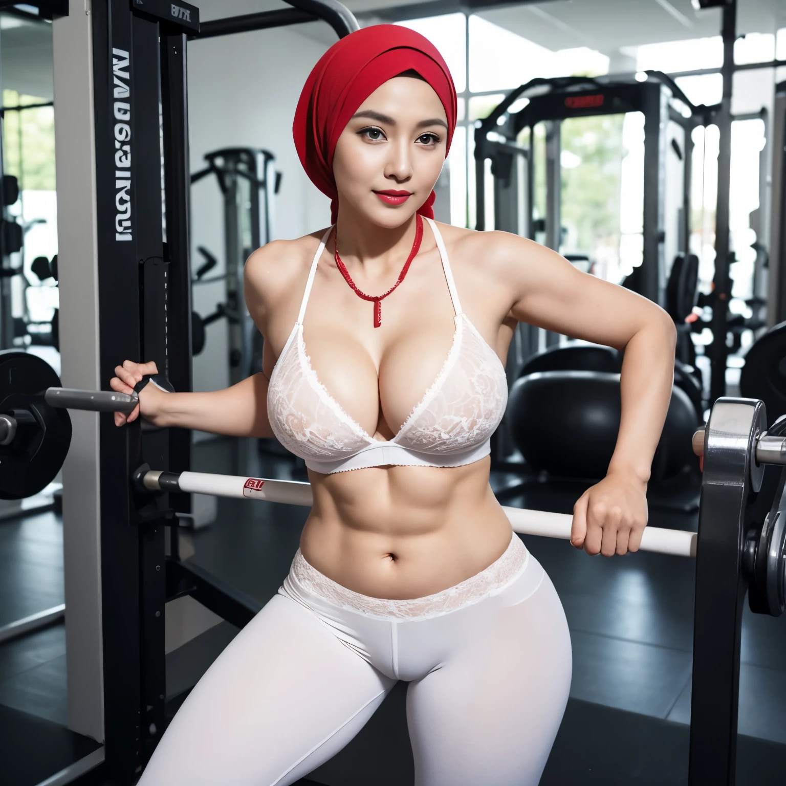 55 Years old, Indonesian mature woman, wearing Wide Hijab, PAWG, BBW, White Like Porcelain Skin, perfect Six pack abs, natural Massive Gigantic breast : 86.9, Sensual Red lipstick, gorgeous eyes, Soft smile, wear a red lace bra and a tight transparent legging, necklace, Alluring Face, Erotic pose, DayTime gym workout, at Gym, Excellent lighting, Light colors, Clean lines.