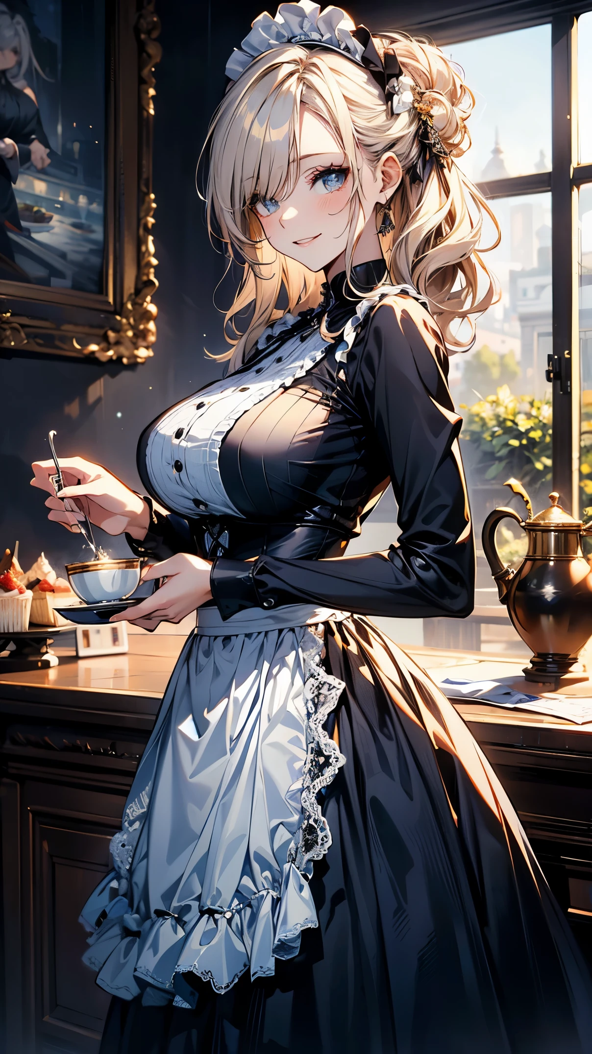 (Masterpiece, best quality), (ultra high resolution, 8K RAW photo, photo realistics:1.5, textile shading, thin outline), Beautuful Matured woman preparing tea-party in the garden, (tea set, tea pot, tea cups, some cakes on dish), Gothic table, wearing traditional dark-brown maid uniform, maid costume:1.2, long flare skirts, apron, Tall and long legs, long white hair, wearing rimless grasses, (milf:1.5, 28 years old, solo), (large breast, sagging breast, big tits, narrow waist), (long white hair, hair over one eye, updo, side lock, asymmetric hair, wavy hair), (bright pupils, detailed eyes, high detailed face, Perfect face shape, eye rush), (seductitve smiling, half-closing eyes), (looking at viewers:1.3), (dynamic angle, tighs focus, from side below:1.2), ((correct anatomy:1.5, correct hands)), (ideal ratio of body proportions), outdoor, glass garden, 