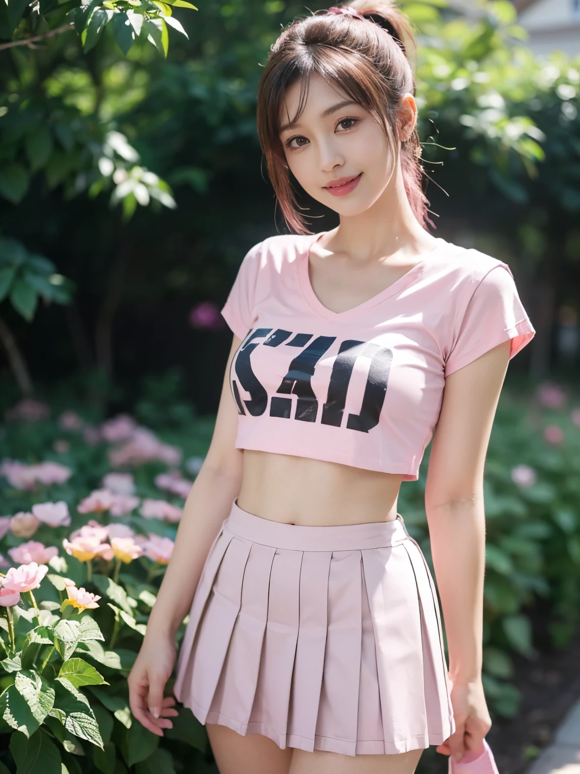 ((((highest quality))))、(((Ultra-precision CG16K wallpaper)))、(((masterpiece)))、(((Super detailed)))、(((super extreme details)))、１people&#39;s women、mature woman、25 year old woman、((Japanese face))、((very beautiful face))、((Sasaki Nozomi:1.5))、((ponytail、one tail:1.3))、(shiny hair)、bangs up to eyebrows、beautiful brown hair、beautiful delicate eyes、brown eyes、raised eyebrows、high nose、small nostrils、small mouth、seductive lips、mouth slightly open、beautiful breasts、C cup size breasts、cleavage、plump body、non-muscular body、perfect proportions、perfect anatomy、perfect composition、beautiful detailed shading、beautiful natural lighting、beautiful detail glow、Depth of bounds written、(((High chroma)))、(((real:1.9)))、((vivid:1.4))、((beautiful skin))、((skin texture))、((realな皮膚感))、(((cowboy shot:1.5)))、((Angle seen from the front:1.5))、((smile:1.4))、(Eyes looking at me)、bright sunshine、(((garden:1.3)))、(standing pose:1.5)、(((Pink crop T-shirt wearing:1.5)))、(((Pink pleated miniskirt clothing:1.5)))、