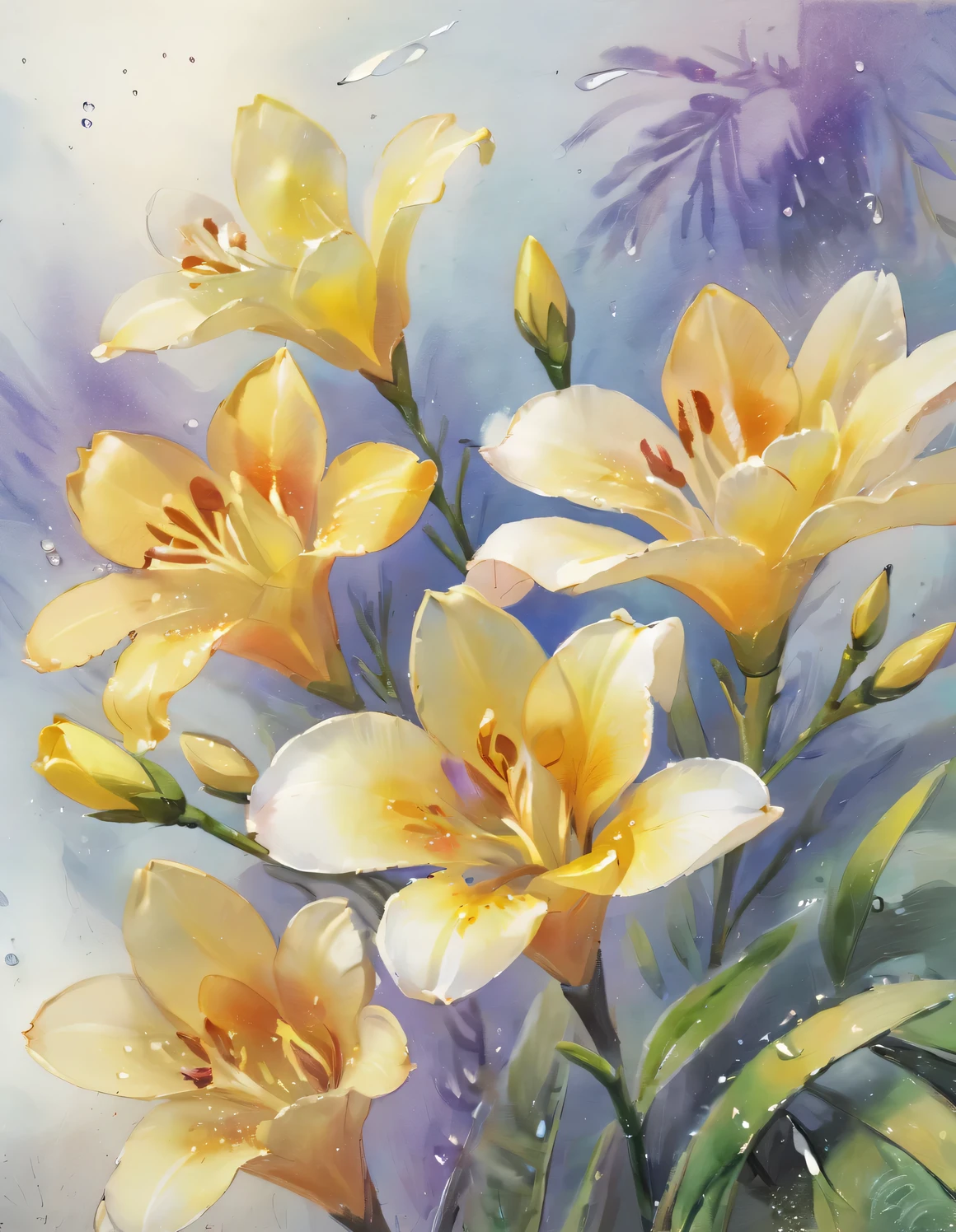 Close up watercolor painting, Drawing of many freesia flowers with fresh water drops in soft morning light. Multi-layer combination, Super fine, watercolor painting,