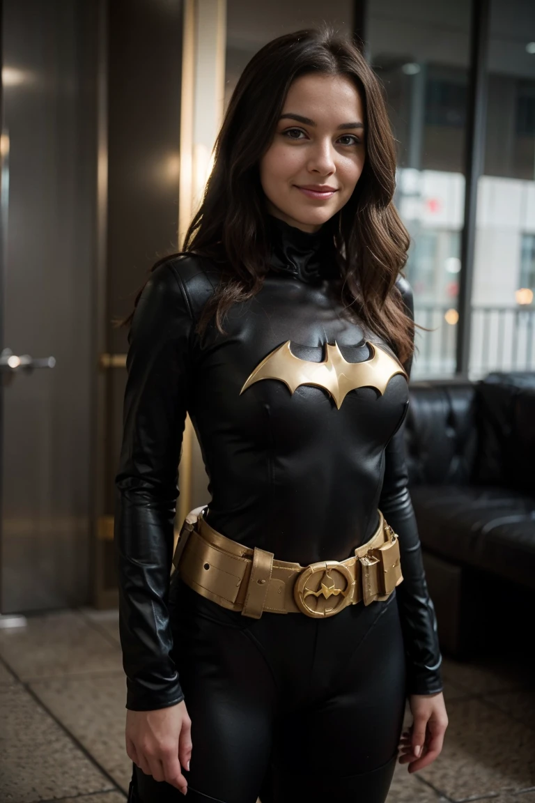 photos D&#39 :  cute brunette, tall and slim. she wears a black and gold realistic Batman suit. She wear a gold batman belt. she is standing ,we can see her entirely. she smiles. she is in Gotham city.