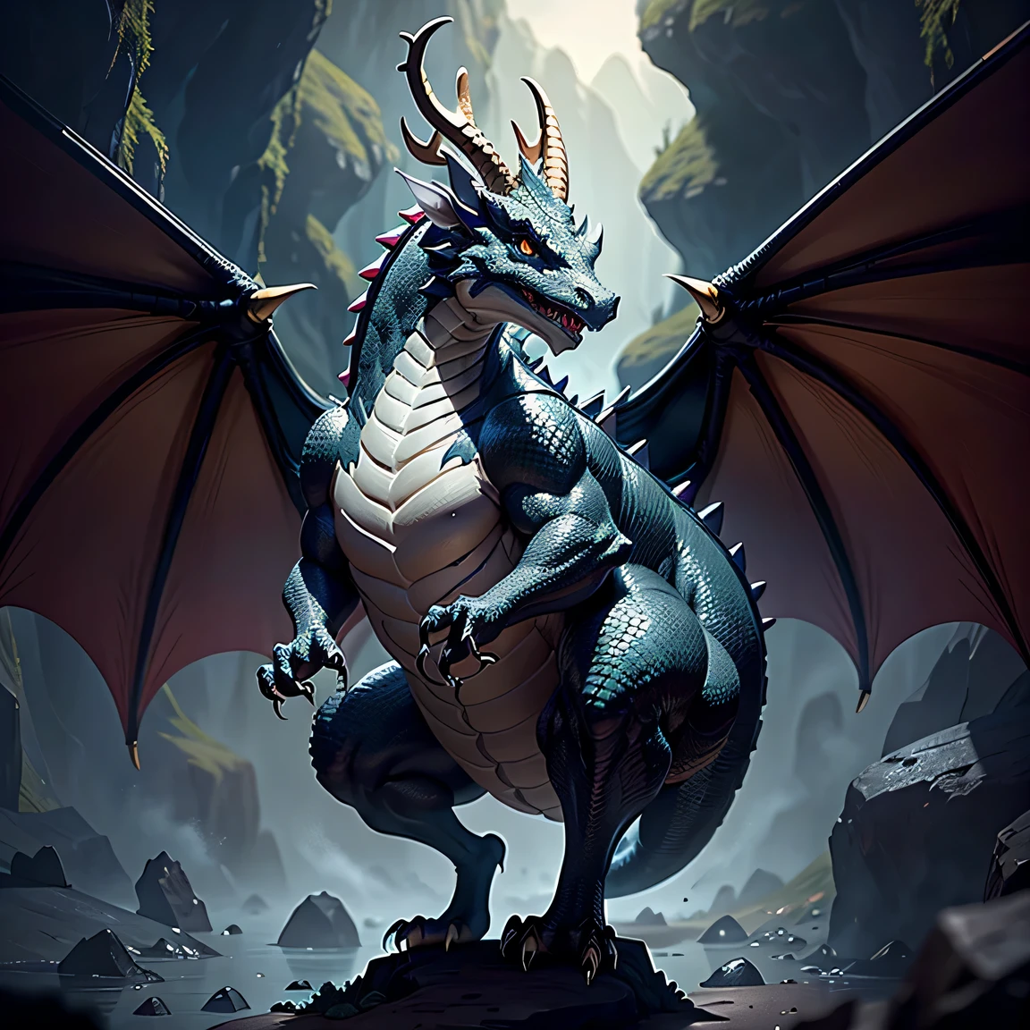 legendary dragon、western dragon、animal、Male Dragon、Quadruped Pose、dog-like body shape、long neck、Sideways face、whole body of dragon、relatively small head、Large fuselage、jet black scales、Full body scale、The abdomen is covered with scales、Deer-like horns、dark mane、Legendary creatures、fine eyes、Sideways face、thick and short legs、short thighs、animalのような前足、animalのような後ろ脚、large wings、sharp nails、detailed scale、crocodile-like scales、shiny scales、thick tongue、open your mouth wide、lots of drool、thick and long tail、inside a dark cave、Composition looking down from above、Composition showing head to toe、obese torso