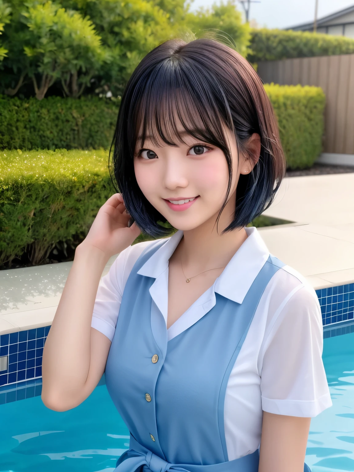 product quality, 1 girl, upper body shot, Front view, Japanese young cute girl, bob hair, glamorous look, For school uniforms, Standing by the pool with a big smile, wet body, wet hair, super cute face, glossy lips, double eyelids of both eyes, natural makeup, 光沢のある滑らかなライトブラウンのbob hair, asymmetrical bangs, sunburned skin, center image, High resolution, high detail, detailed hairstyle, detailed face, cinematic lighting, octane rendering, vibrant, surreal, perfect limbs, perfect anatomy