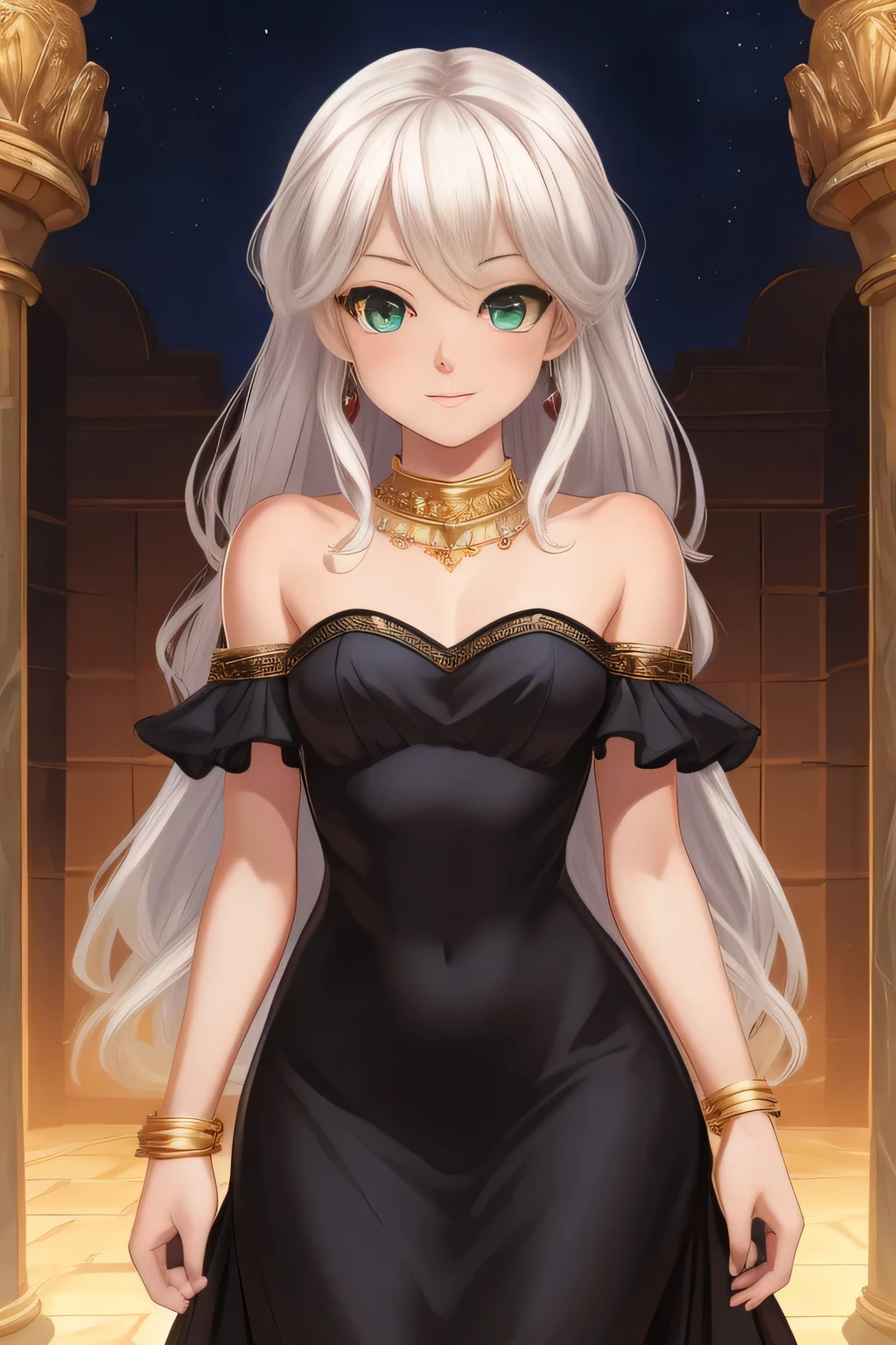 Tanned girl. Conan Exiles style, standing in front, (((((front))))) Full body volumetric lighting, body highlighted by light, Front light, Young atletic, female, girl, human ears, clean-shaven, prince, calm expression (16 years old age) (Young face), Tanned skin (swarthy skin),  body (Good ) Mexican facial features, marble hair, white hair, human ears, long hair, wavy hair to the middle of her back, calm expression, white sclera, green Eyes (Detailed Eyes, beautiful eyes, princess eyes) Top Rated Pixiv, BLACK DRESS, ornate silk dress, two piece  shoulder dress, ((two pieces dress)) ornated dress, curvy figure, hourglass silhouette, perfect , slender waist, wide , gold necklace, earrings, gold bracelets, gold hairpins. ((lots of jewelry)), Gold Necklace with a Gem, princess elegant, expensive clothes, gold beads and gems, beautiful face, young face, perfect face, ornated temple in a oasis behind it, Sunny day, Few clouds in the sky. BLACK DRESS.