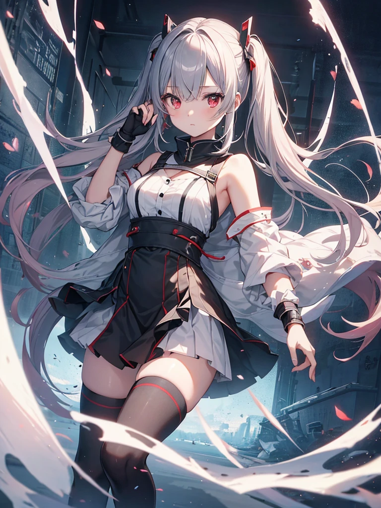 A once-in-a-millennium masterpiece, A photo that can never be taken again, Absurd high resolution, (Expressionless), (Red tears flow from the eyes:1.2), vampire, woman, Silver Hair, Red eyes, Big eyes that draw you in, White clothes, Red dyed clothes,There are red spots all over, Red from the mouth,Cowboy Shot、From above、Tabletop、Red sweater，（ change）Moderate, Separate Color，bs shoulder, Blushed，(Gray Hair), White Gloves，White boots，dirty，Torn clothes，Clothing that shows blood:1.3),, Tearing the cloak, tear pantyhose ，Cyberpunk Streetwear，in contrast，Cyberpunk Character Fashion,Wear high fashion clothes, , Bring your poster to life、impressive，Full Wear, Stylish,