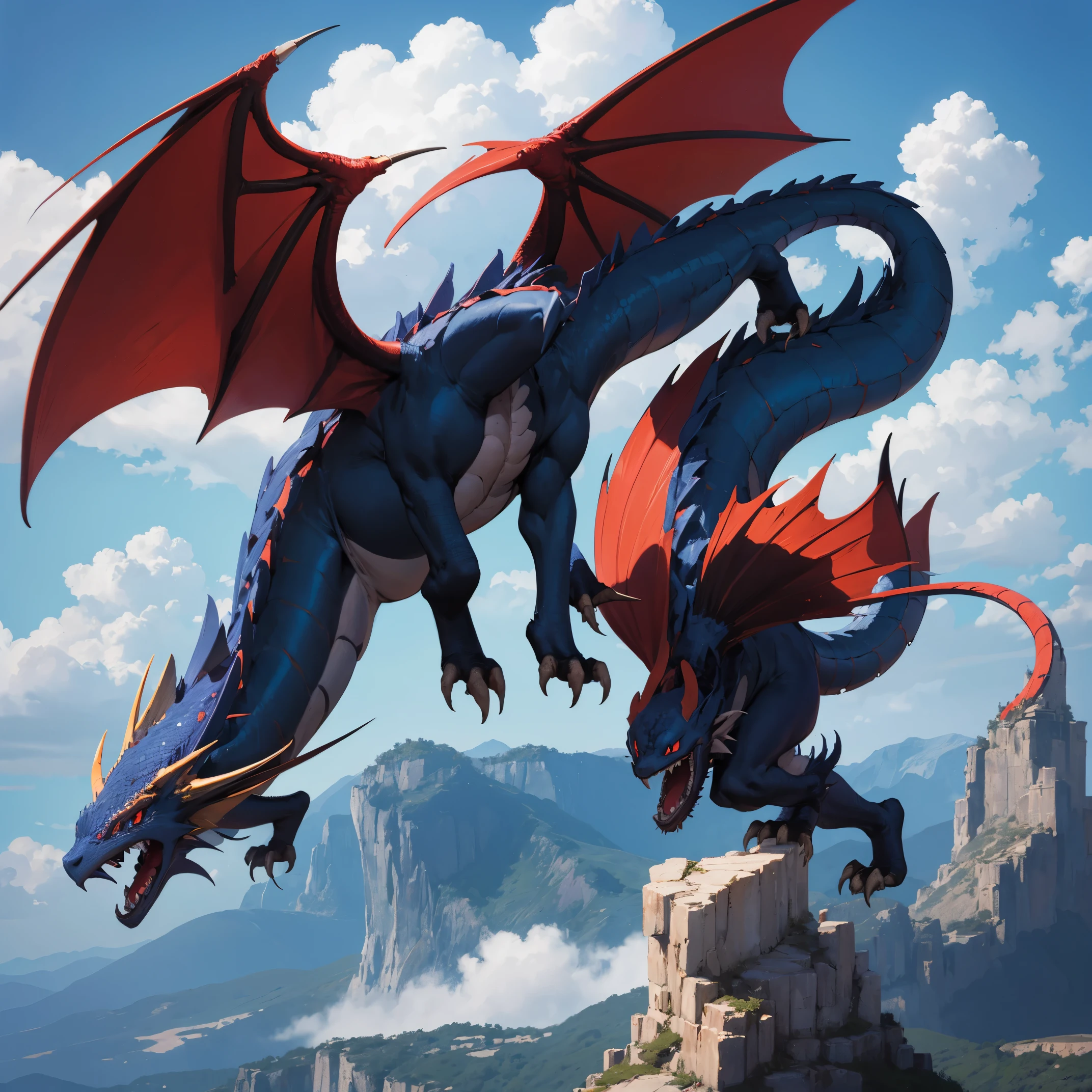 Two dragons battling each other while flying seen from above