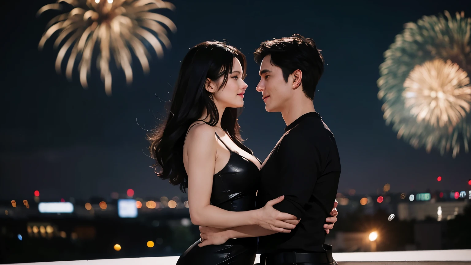 Jennifer is a girl who loves life, wears tight dresses, has black hair, and her lover Amory has short, black hair and a black shirt, they celebrated New Year's Eve together on the rooftop of a high-rise building, with fireworks in the sky
