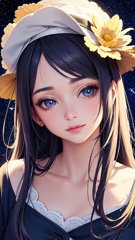 (best quality, masterpiece:1.2), ultra-detailed, perfect face, anime girl, flowers, round cap with stars in the background, vibrant colors, soft lighting