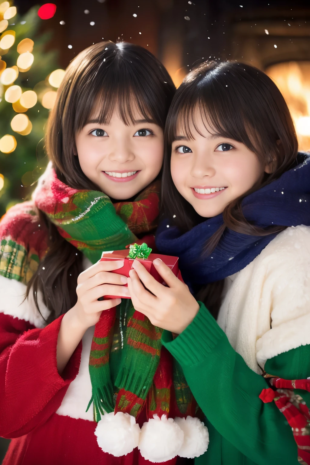 (highest quality,realistic,High resolution),2 girls,beautiful and fine eyes,beautiful detailed lips,smile,laughter,cute,christmas eve,Happy,enjoying,winter,Joyful,Excited,sparkling light,decorated christmas tree,crew,cozy atmosphere,warm fireplace,magic moment,twinkling stars,glowing candle,it&#39;s snowing,ground covered with soft snow,colorful holiday decorations,red and green colors,classy dress,fluffy scarf,Happy memories,cherish sisterhood,愛とlaughter、12 year old sisters、baby face、Childish、look at the camera、present box、