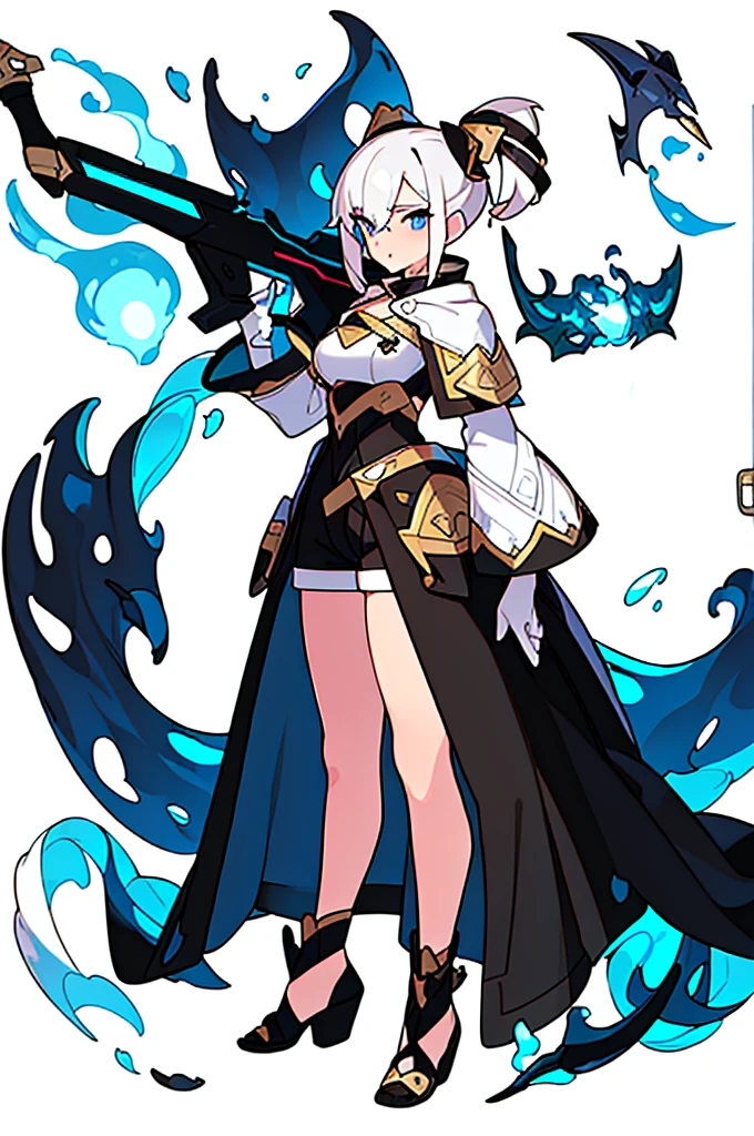 (((8k, masterpiece, Best Quality, top-quality)), solo female, standing, (((white background))), character focus, fantasy clothes, character design, shorts, holding weapon, full body,