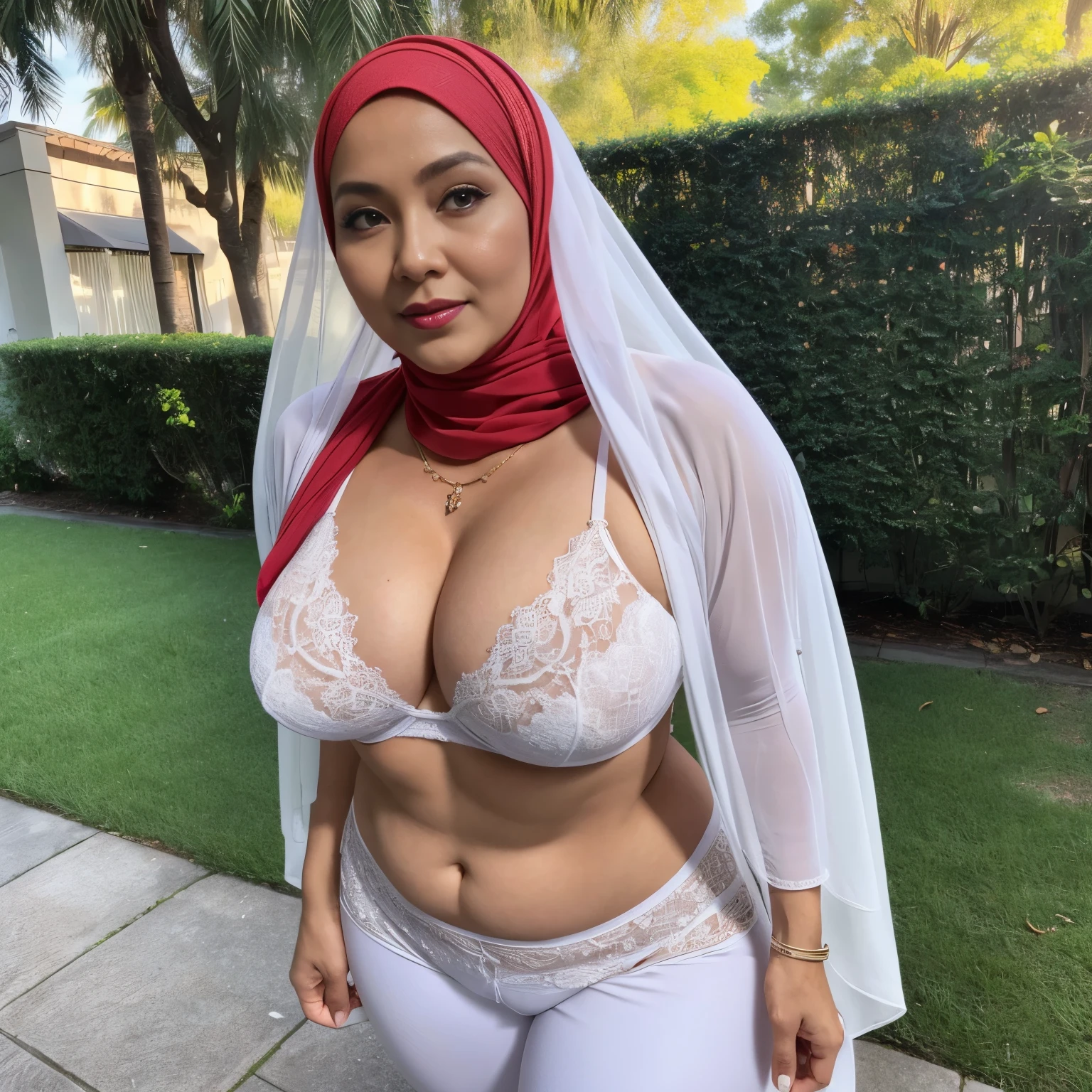55 Years old, Indonesian mature woman, wearing Wide Hijab, PAWG, BBW, White Like Porcelain Skin, perfect Six pack abs, natural Massive Huge breast : 136.9, Red lipstick, gorgeous eyes, Soft smile, wear a red lace bra and a tight transparent legging, necklace, hairband, Alluring Face, Erotic pose, DayTime walk, City garden, Excellent lighting, Light colors, Clean lines