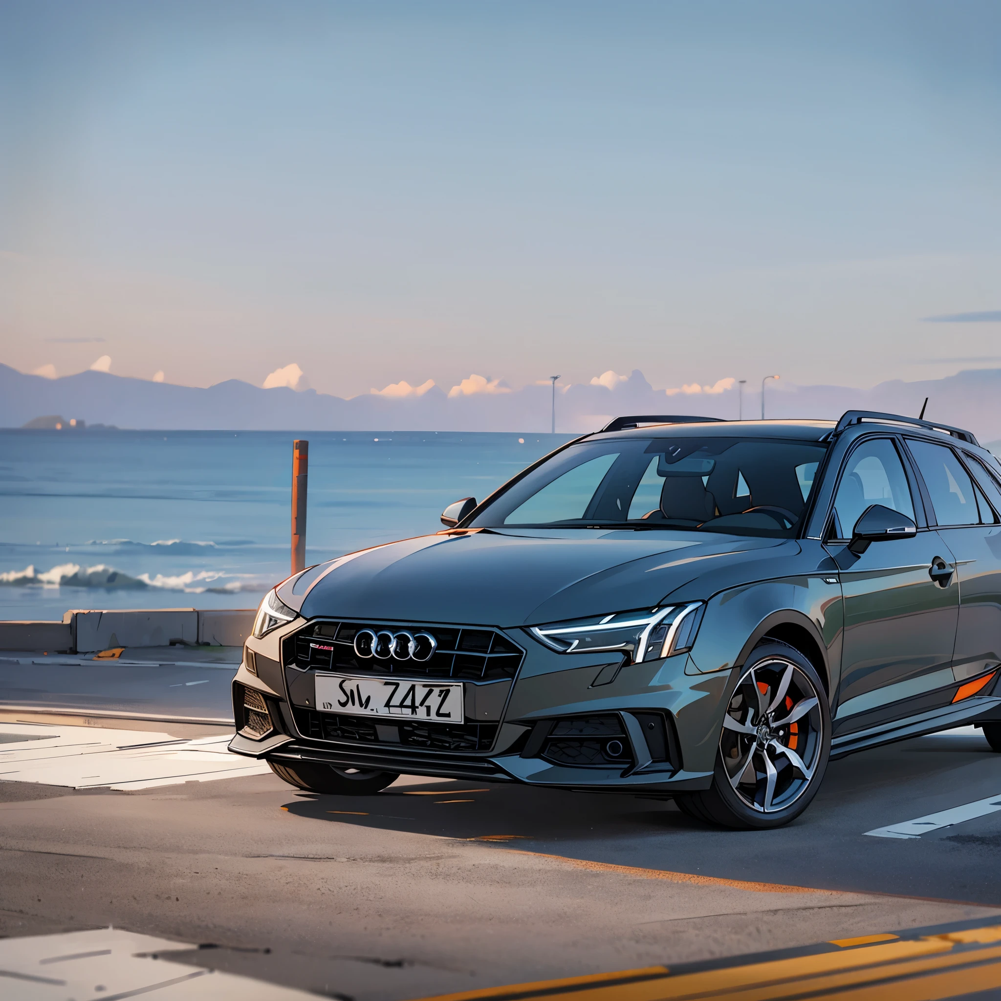 A cement-gray 2024 Audi S4 Avant parked on a seaside road. The car has a black travel bag on the roof rack. The warm sunset  casting light from the right rear side of the car, with the boundless ocean on the right. The viewpoint  from the left front angle of the car.  --auto --s2