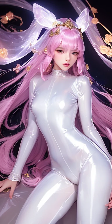 an unparalleled masterpiece, unity, Ultra-realistic 8k CG, perfect artwork, ((perfect woman image)),  , cute, Big Tig,pink hair, ridiculously long hair, green eyes, beautiful and fine eyes,Are standing, mature woman, mature woman, tight waist, chinese deity, looking at the viewer, seductive posture, sexy pose, attractive, clean, beautiful face, pure face, white skin, (:0.8,pubic hair ),( small breasts, NSFW,swollen nipples), god goddess, shiny skin, skin dents, race, race trim, race-trimmed legwear, delicate pattern, intricate details, (rich:2), Prestige, nice, luxury, royal parace, jewelry, gem, Money, Silver, diamond, shine, sapphire, Ruby, emerald, pearl, amber, obsidian,Close up portrait of a nice girl, leaning forward, beautiful hands,five fingers on one hand,blue skirt, pink panties,side tie panties,delicate pattern,intricate details,(detailed facial features),(Detailed clothing characteristics),Complex pants,long legs,Complex earrings,intricate jewelry, headdress,(Translucent Shiny White Latex High Leg Long Sleeve Bodysuit:1.7),Yellow Hanff:1.5,side tie panties,Perfect for your skin,meanwhile,