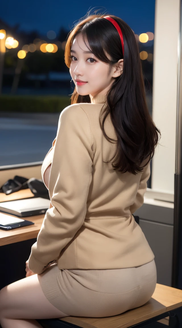 (((オフィスレディ、OL、office lady、formal clothes、beige knit,beige jacket、tight knit,tight jacket)))、((( horseshoe-shaped hairband)))、sexy,formal ,vivid color panty,high heel、(((full body,including legs)))、Dressed up、(Photo real:1.4)、(A hyper-realistic:1.4)、(Photorealistic:1.3)、 (gentle lighting: 1.05)、(Improve the lighting quality of your video:0.9)、32k、 1Girl、28years old girl、photorealistic lighting、Back lighting、Facial Lights、Ray Trace、(bright:1.2)、(Increase quality:1.4)、 (best quality real texture skin)、Fair eyes,Delicate and delicate face、 (tired and sleepy and satisfied : 0.0), Close-up of the face, beige jacket,very tight jacket,beige knit,very tight knit ,((([see through knit:1.2], {stands out nipples,covered nipples ))), beige knit mini skirt , (Bodyline mood improvement:1.1)、Glossy skin、wavy hair,pornostar、韓国アイドル、乃木坂アイドル、Sculptural Idol Pose、little smile,blush,Beautiful actress、Neat woman,whole body, and spread the legs apart, small breasts,(perfect row of teeth),slender waist and hip,beautiful long legs,(full shot)、((8heads tall)、(((誘惑している、恥ずかしい)))、random dynamic pose,(eye shadow),(red cheek、red lips),Super Clean Night View、night time、blush,little smile,(((full shot)))、a little open the legs apart、sitting down on the desk,(((in the luxury night office)))