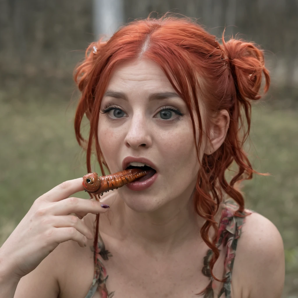 ((slugs worm in mouth)), (slug covered woman), hot American woman, ahegao, (((slugs worms in her mouth))) 1.2, ((slugs swallowing her body)), red hair, pigtails