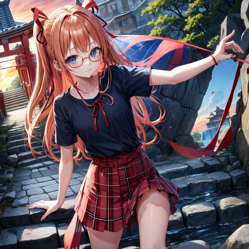 Red-blonde、blue hair、blue eyeraid、one good looking girl、solo、anime、Plaid miniskirt、camisole、black t-shirt、Tilting your face、Doing the ribbon、Ribbon at waist、sunset sky、shrine、stone stairs、petal、tunnel、drawing a fortune、Fallen leaveixing glasses、waterfall