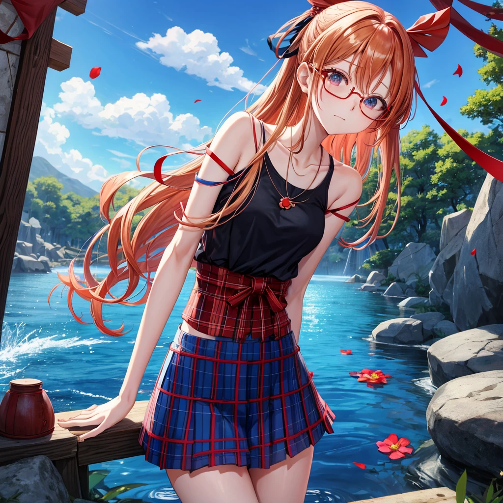 Red-blonde、blue hair、blue eyeraid、one good looking girl、solo、anime、Plaid miniskirt、camisole、black t-shirt、Tilting your face、Doing the ribbon、Ribbon at waist、sunset sky、shrine、stone stairs、petal、tunnel、drawing a fortune、Fallen leaveixing glasses、waterfall