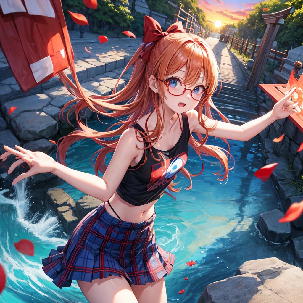 Red-blonde、blue hair、blue eyeraid、one good looking girl、solo、anime、Plaid miniskirt、camisole、black t-shirt、Tilting your face、Doing the ribbon、Ribbon at waist、sunset sky、shrine、stone stairs、petal、tunnel、drawing a fortune、Fallen leaveixing glasses、waterfall