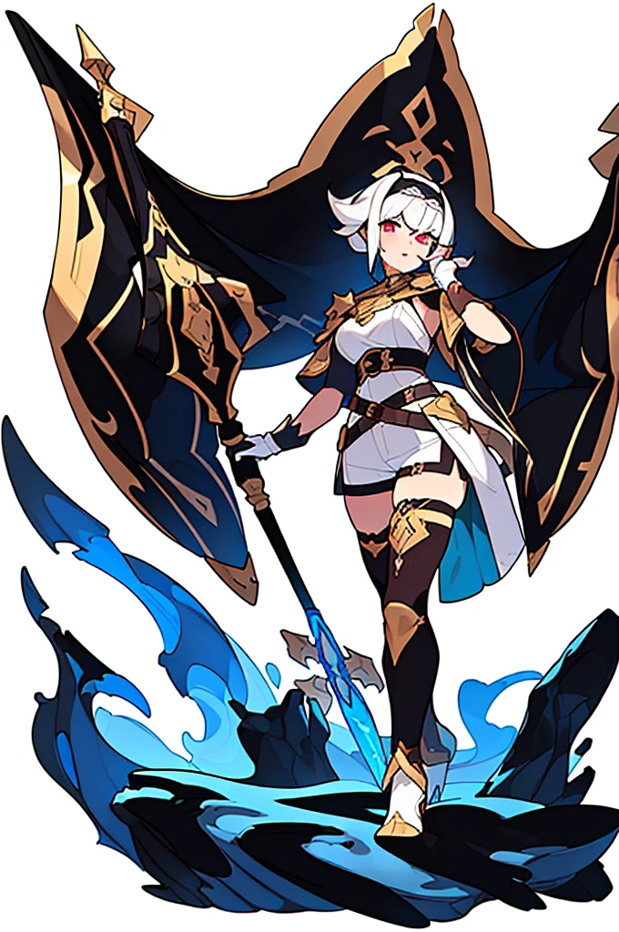 (((8k, masterpiece, Best Quality, top-quality)), solo female, standing, (((white background))), character focus, fantasy clothes, character design, shorts, holding weapon,