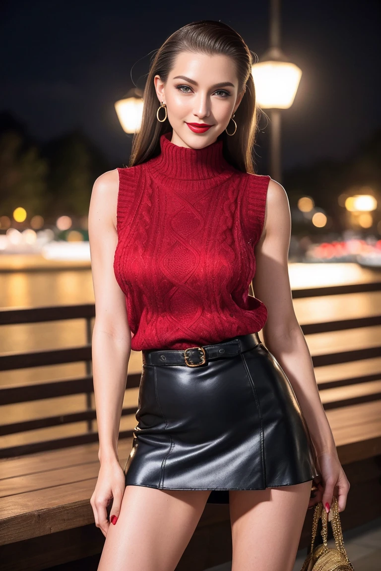 ( Brunette slicked back hair)、Three matured females、Ultra realistic 8K, flawless,tall,(Red Lip,Heavy makeup), Small breasts:1.0、Slender hip、Tall、Earring、Standing in the port at midnight、Nikon Z 85mm, ((Best Quality)) ,((masterpiece)), intricate detailes,Extremely delicate and beautiful, ((Sleeveless sexy sweater、Mini skirt)):1.4、（Strapless long boots with high pin heel）:1.2、Full body shot:1.0、Sexy smile