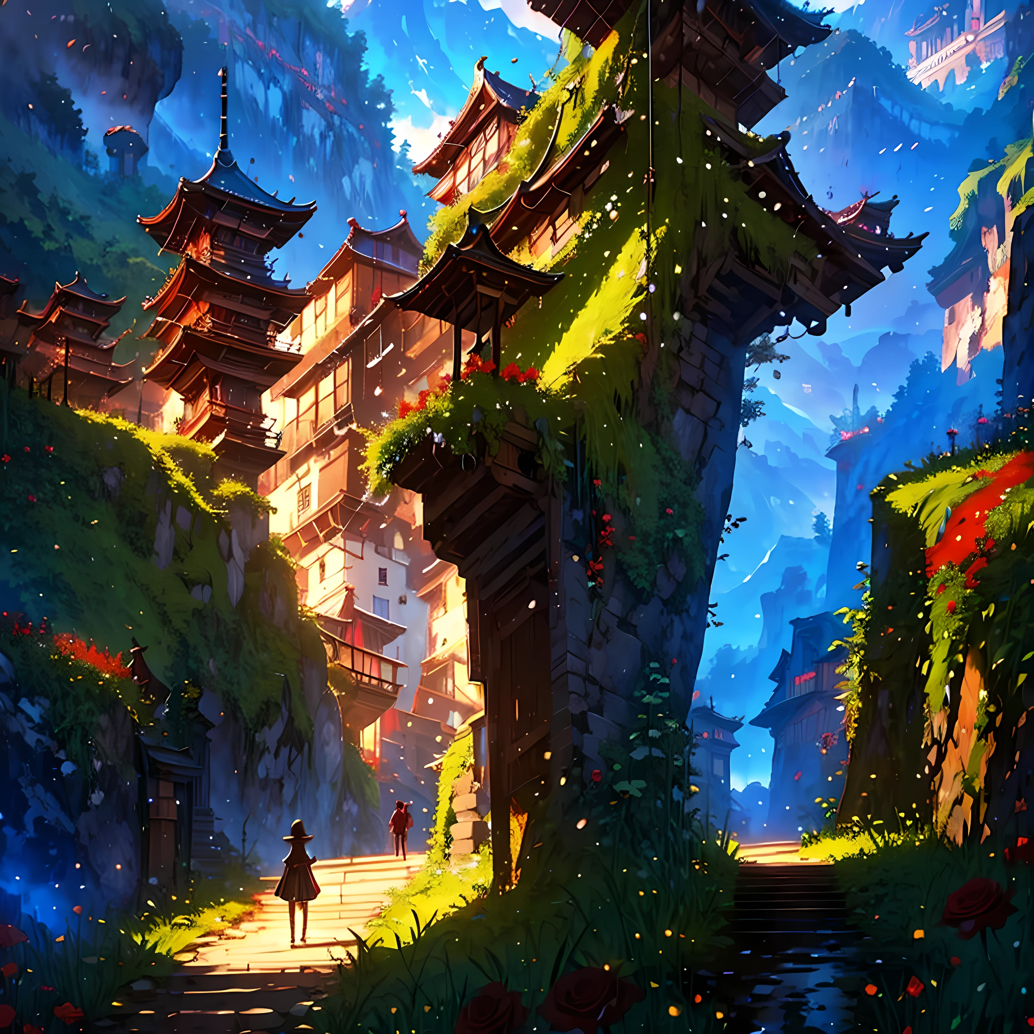 pixel game，scenography，fantastical scenes，a paradise，Red roses everywhere， Pixel art, anime