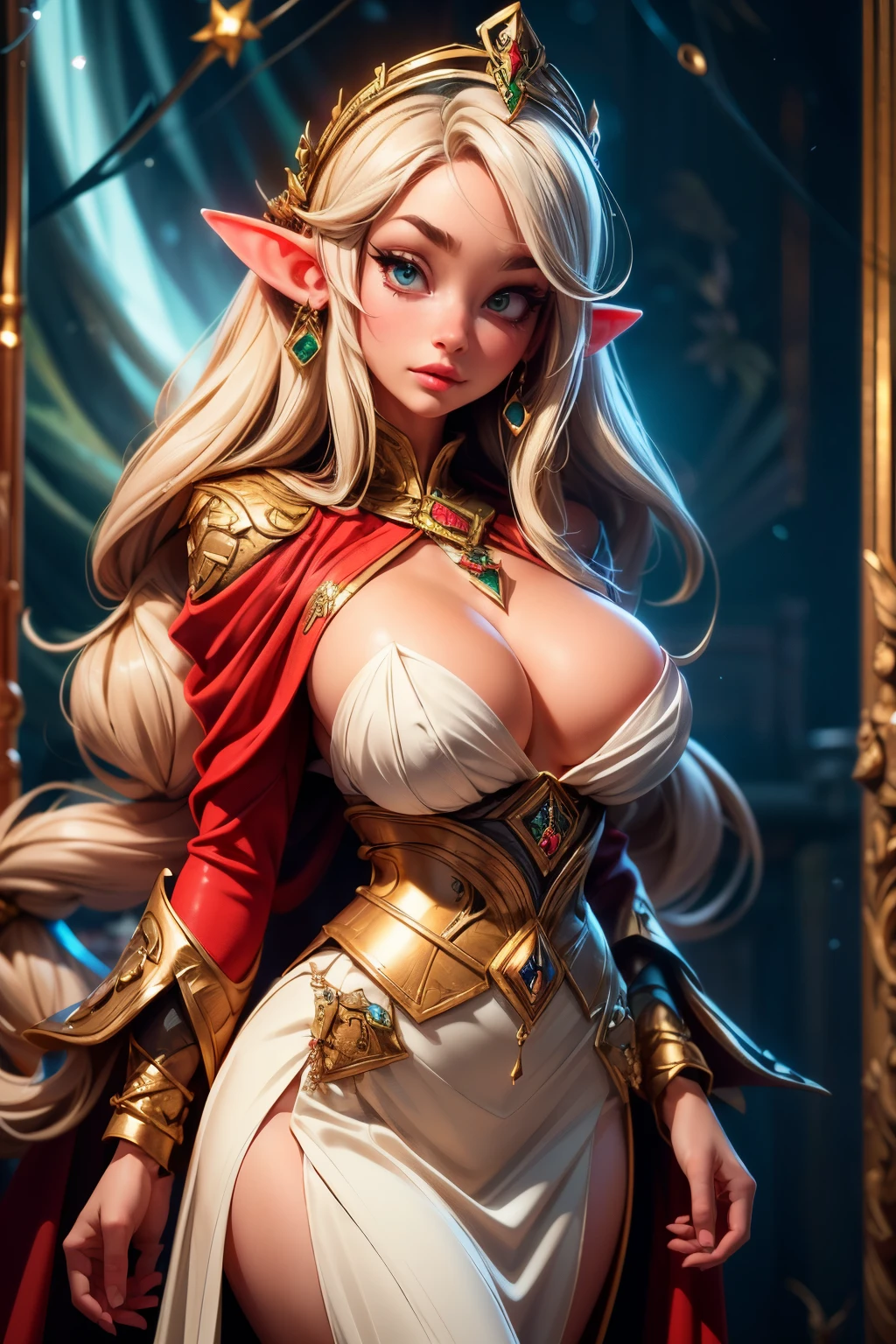 best quality, ultra high res, (photorealistic:1.4), 1girl as elf queen, elf ears, long medieval sleeve robe, (full body), (closeup), wide angle, (low angle), (busty), ((huge breasts)), large breastrown long hair:1.3), (looking at viewer),  