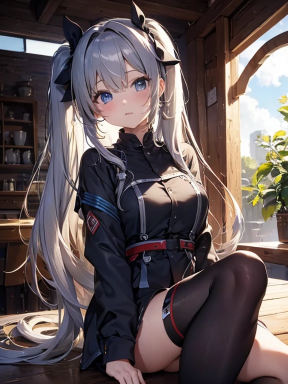 masterpiece, highest quality, beautiful, High resolution, perfect anatomy, highest quality、 8K、 odd eye, gray hair, long hair,twin tails、 beautiful女の子、 beautiful髪、 beautiful目beautiful肌、beautiful合法的な腕、perfect fingers、 very cute、 very cute、I have a tool、riding a robot