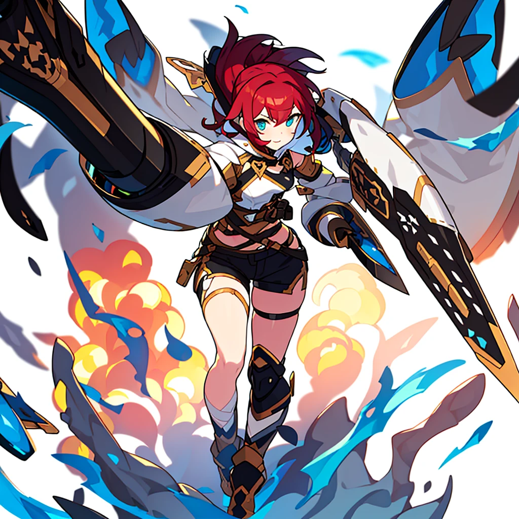 solo female, standing, (((blurry background, white background))), character focus, fantasy clothes, character design, shorts, holding weapon,
