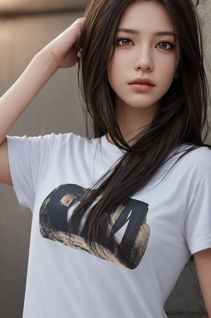 highest quality, masterpiece, ultra high resolution, (realistic:1.37), RAW photo, 1 girl, long hair, beautiful eyes, beautiful face, detailed eyes and face, T-shirt, dynamic lighting, in the dark, deep shadow, discreet key, cowboy shot