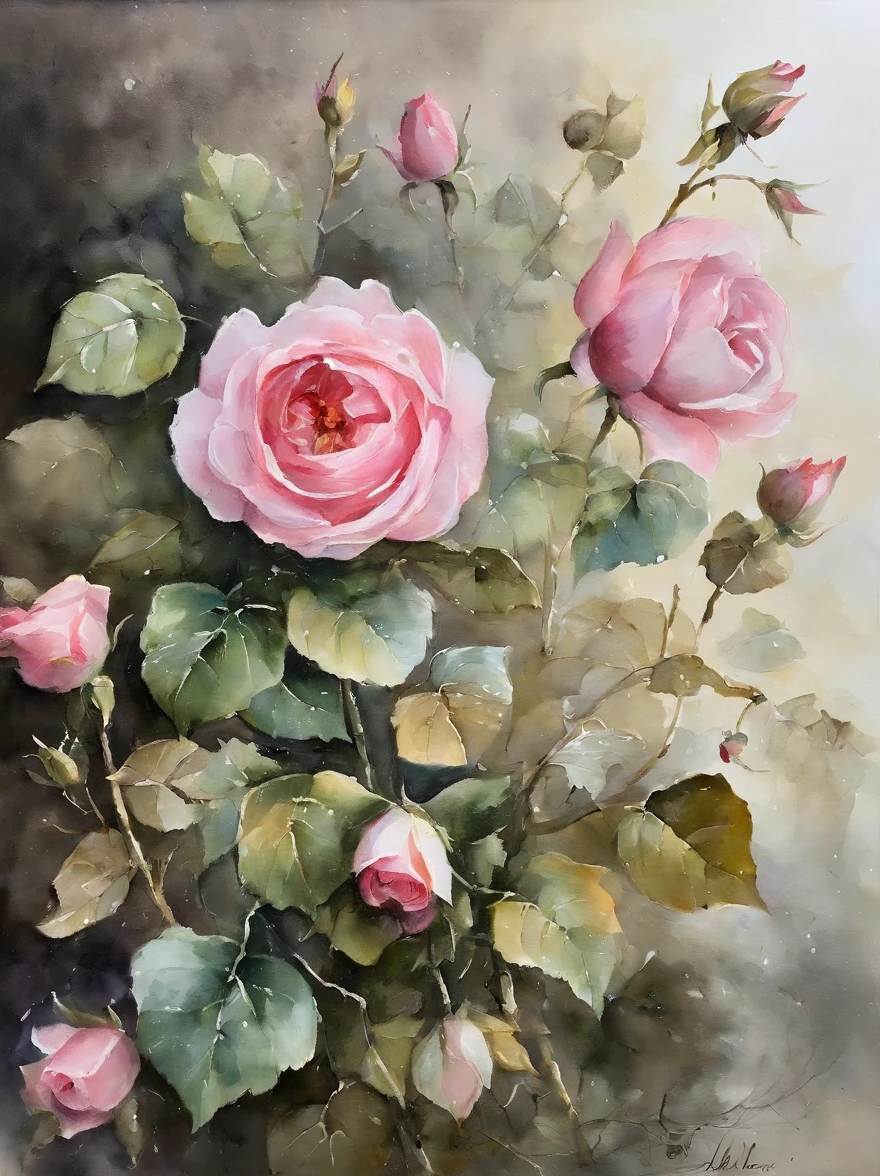 when i close my eyey thoughts are gradually immersed in a world of watercolor flowers。on canvas,A delicate pink rose blooms from the bottom,Like the first spring flowers blooming。Its petals are soft and full of life,It's as if you can feel the charming fragrance with just a touch。 careful observation,You will find that each petal of this rose has subtle color changes。Transition from light pink to deep purple,Just like the sky gradually dyed with bright sunset glow at dusk。The texture of the petals lifelike,It's as if you can feel their softness and fragility。 around the roses,A few small white flowers bloom quietly。Their petals are as white as snow,Fragrant。There a tiny pearl-like dewdrop in the center of each flower,crystal clear,Exudes a fresh breath。The shape light and beautiful,As if swaying and dancing in the breeze。 There are some small details on the screen,Like an emerald green vine surrounding a flower,It adds a touch of natural vitality to the whole painting。The vines are covered with tiny, cute purple flowers.,They are like a string of gems,embellishment in the picture,It makes people want to reach out and touch it。 The whole picture filled with a soft light,As if shrouded in soft mist。This light gives the flowers a mysterious charm,It also makes people feel peaceful and comfortable。i can imagine,In this picture,Floral fragrance,A gentle breeze,As if you are in a fairyland garden。 This watercolor flower scene stunning,Every stroke and every bit full of the artist's praise of the beauty of nature and the display of creativity.。It makes people feel the delicacy of nature and the vitality of life,It's like you can hear the sound of flowers blooming,Feel the soft touch of the petals。It's a unique and interesting piece of work,It's intoxicating,Trigger endless reverie and imagination。