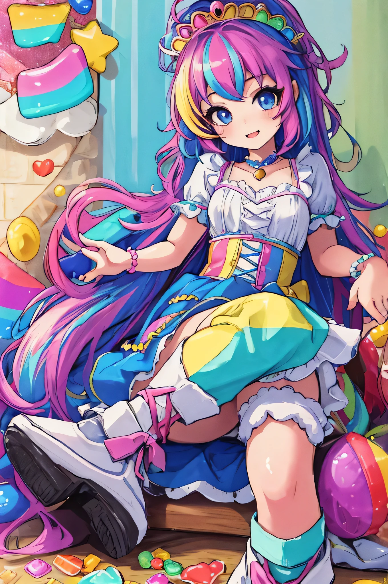 cute (chibi) princess in rainbow candy shop, highly detailed high contrast hd masterpiece of best quality in high resolution