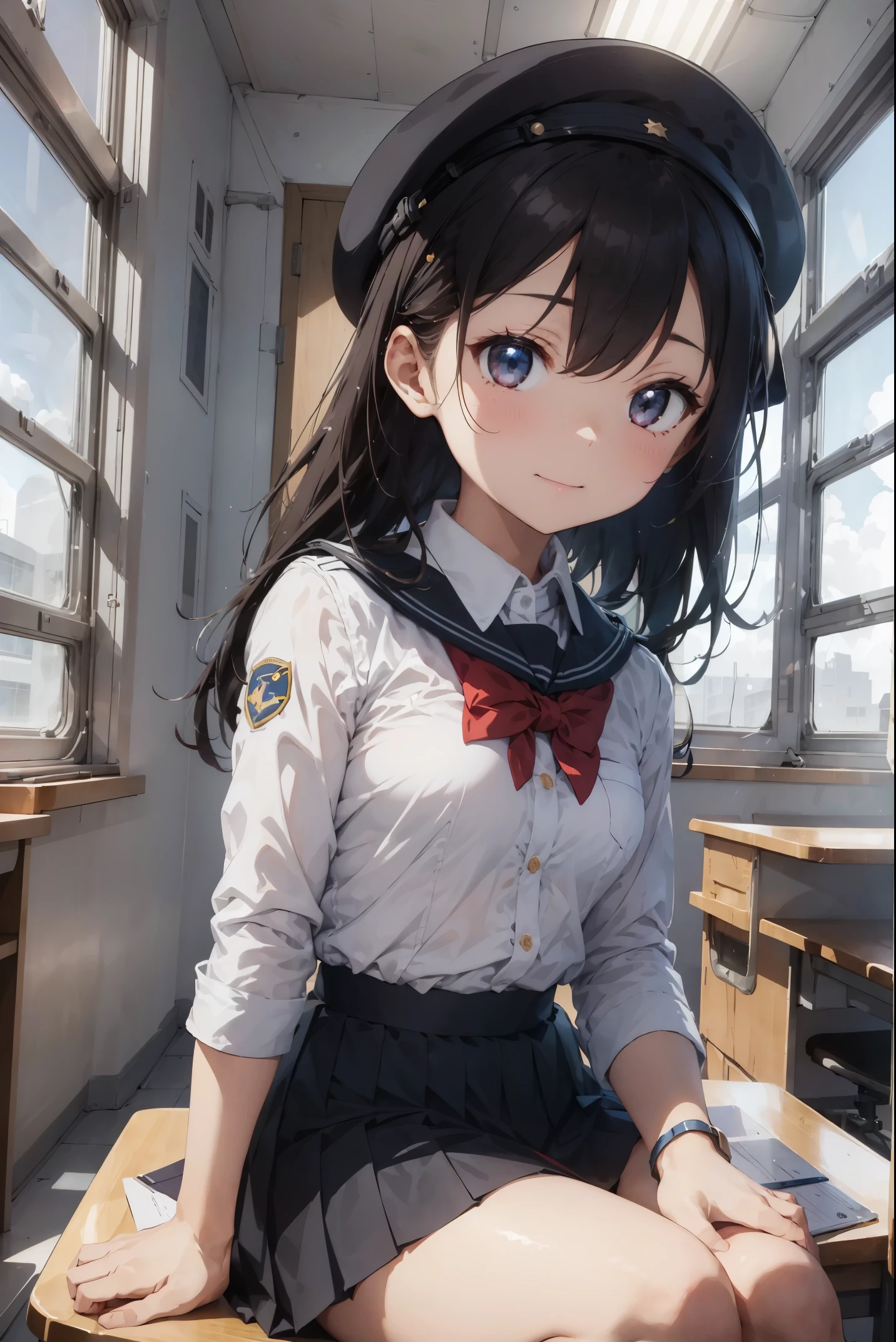 superflat, flat shading, flat colorasterpiece:1.2, best quality), (closeup), 2girls, young , slim, (white military outfit), pleated skirt, military hat, space cadet, sitting by desk, in classroom, put head on hand, bored, classmates in background, (spaceship interiors), cosmos outside window in background,futuristic, cosmos, watercolor