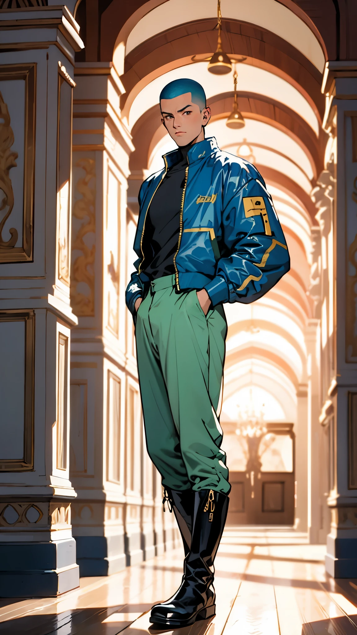 In the backdrop of an ancient fantasy-reality setting, a youth sporting a platinum crew cut displays a piercing gaze and confident demeanor. Adorned in a two-piece fusion outfit, seamlessly blending Western and Eastern influences, he wears a snug dark top paired with a vibrant yellow-blue short jacket. The lower half features loose white utility pants, and his sturdy long boots echo through the corridors of an antiquated architectural landscape. The overall aesthetic captures the essence of a refined and mature anime-inspired  rogue, symmetrical face, extremely detailed eyes and face, high quality eyes, high definition, highres, ultra-fine painting, exquisite and mature, extremely delicate, professional, anatomically correct, creativity, UHD, HDR, 32k, Natural light, cinematic lighting, best shadow, masterpiece-anatomy-perfect, best quality, masterpiece, ultra-detailed