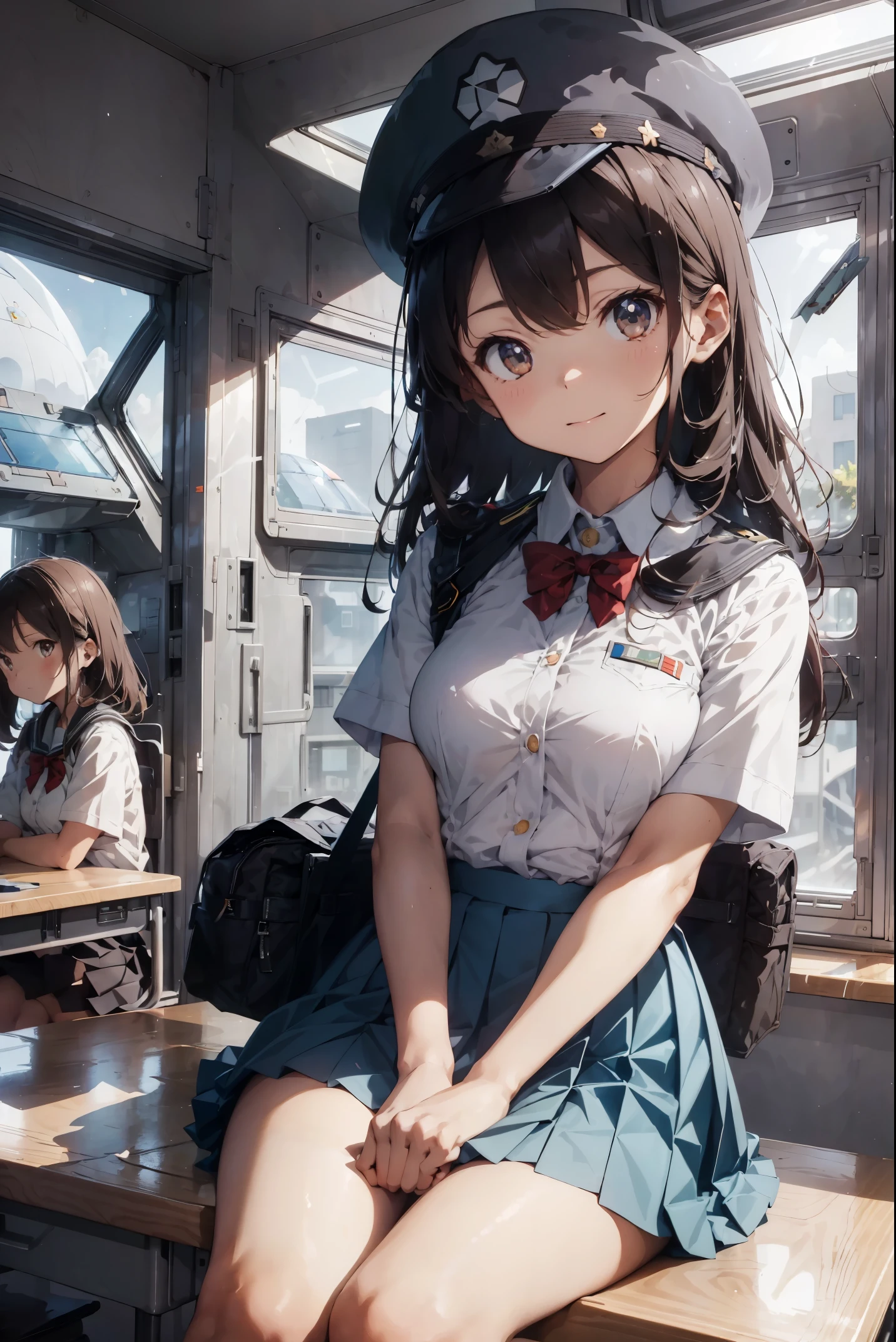 Anime girl sitting on a bench in a school uniform - SeaArt AI