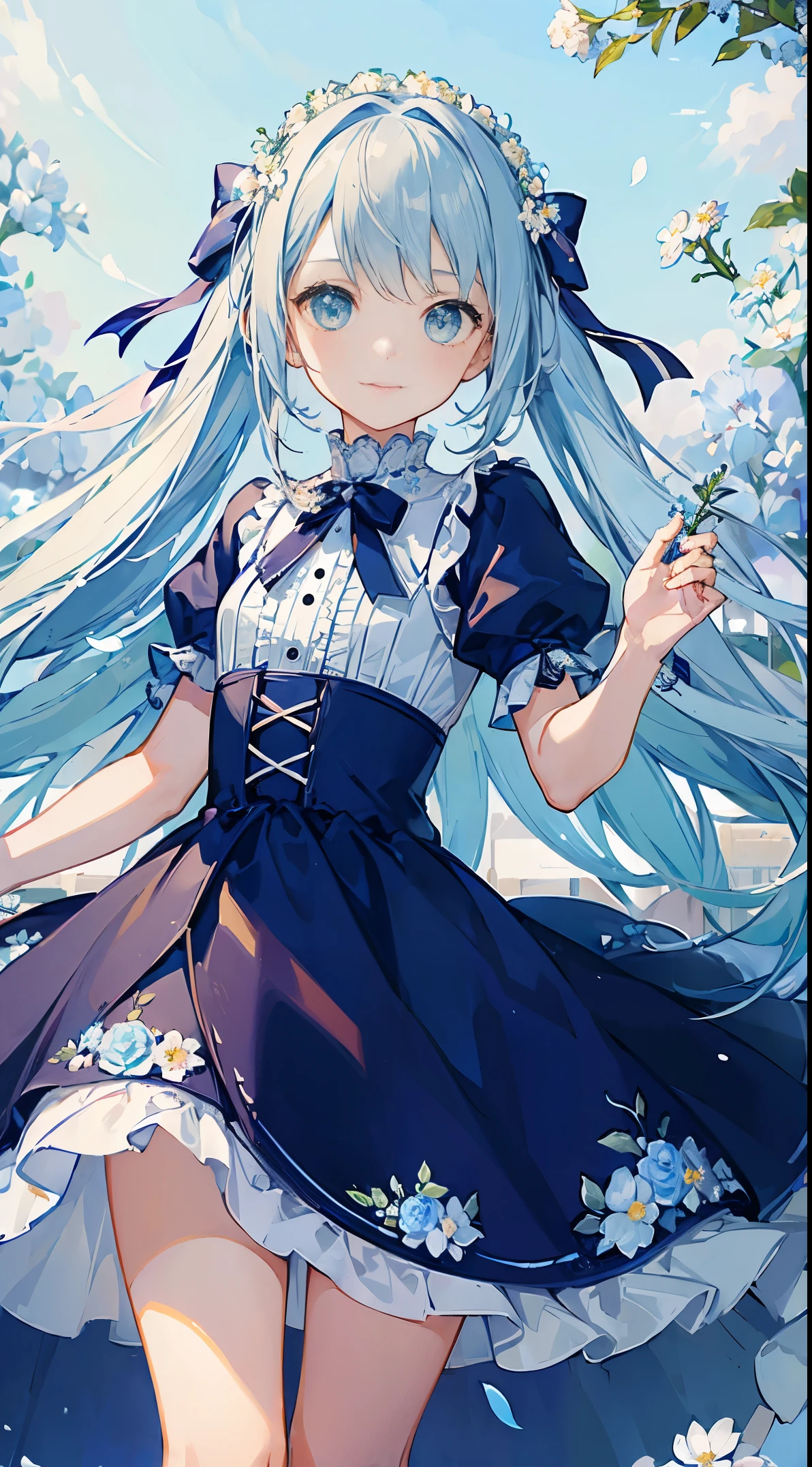 (masterpiece, highest quality:1.6), Blue lace dress, light blue long hair、twin tails、thighs, beautiful girl, (flowers, many small white petals:1.3), garden, blue sky, looking at the viewer, small waist, official art, RAWphotograph, incredibly absurd, face light, dynamic lighting, cinematic lighting, surreal, High resolution, photograph, sharp focus, most detailed, very detailed, Super detailed, finely, very detailed目と顔