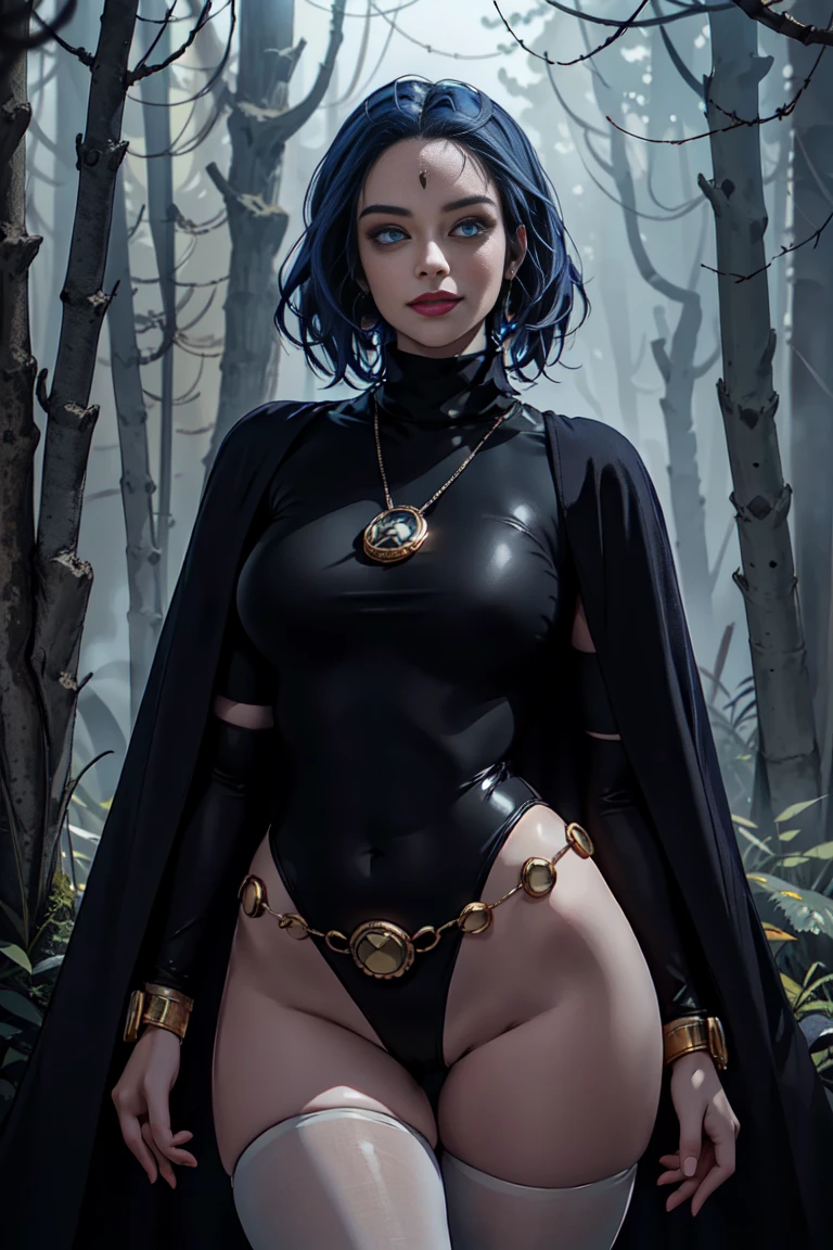 1girl, cowboy shot of rvn, hotraven, pale skin, black leotard, seductive look, massive breasts, wide hips, milf look, turtleneck, tights, cape, glowing eyes, gold belt, jewels, medallion, athletic, looking at viewer, grinning, content, night, dark forest, mist, fog, volumetric lighting, best quality, masterpiece, intricate details, tonemapping, sharp focus, hyper detailed, realistic