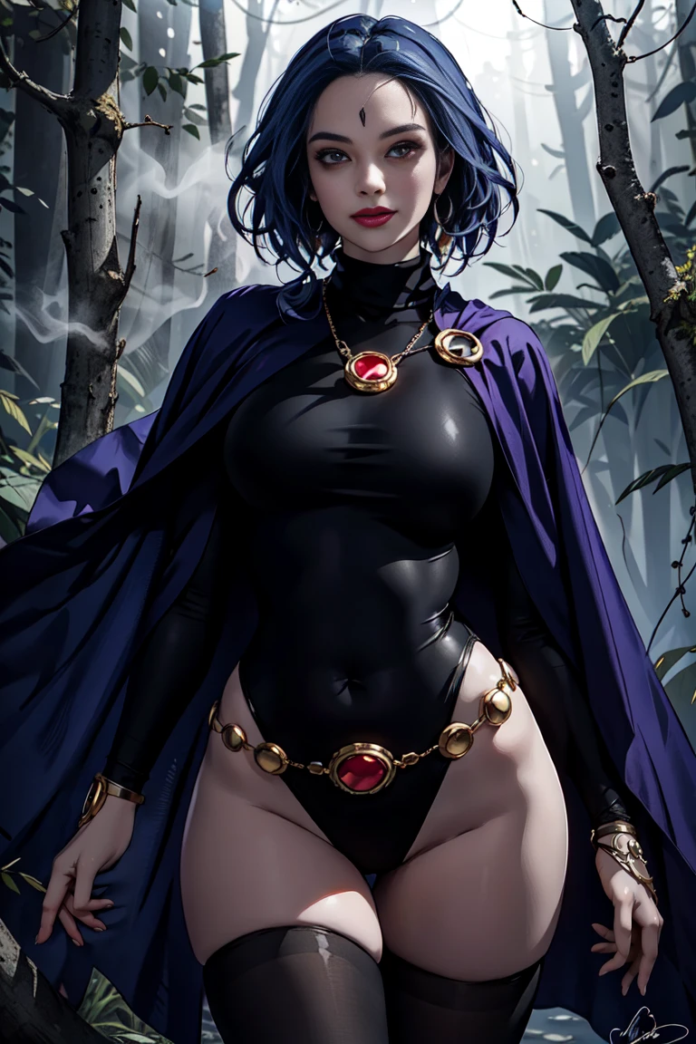 1girl, cowboy shot of rvn, hotraven, pale skin, black leotard, seductive look, massive breasts, wide hips, milf look, turtleneck, tights, cape, glowing eyes, gold belt, jewels, medallion, athletic, looking at viewer, grinning, content, night, dark forest, mist, fog, volumetric lighting, best quality, masterpiece, intricate details, tonemapping, sharp focus, hyper detailed, realistic