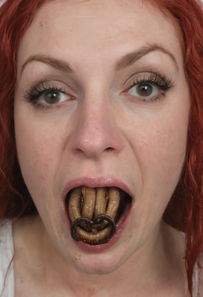 ((slugs worm in mouth)), (slug covered woman), hot American woman, (((orgasm))) (((tounge out))), (((slugs worms in her mouth))) 1.2, ((slugs swallowing her body)), red hair, pigtails