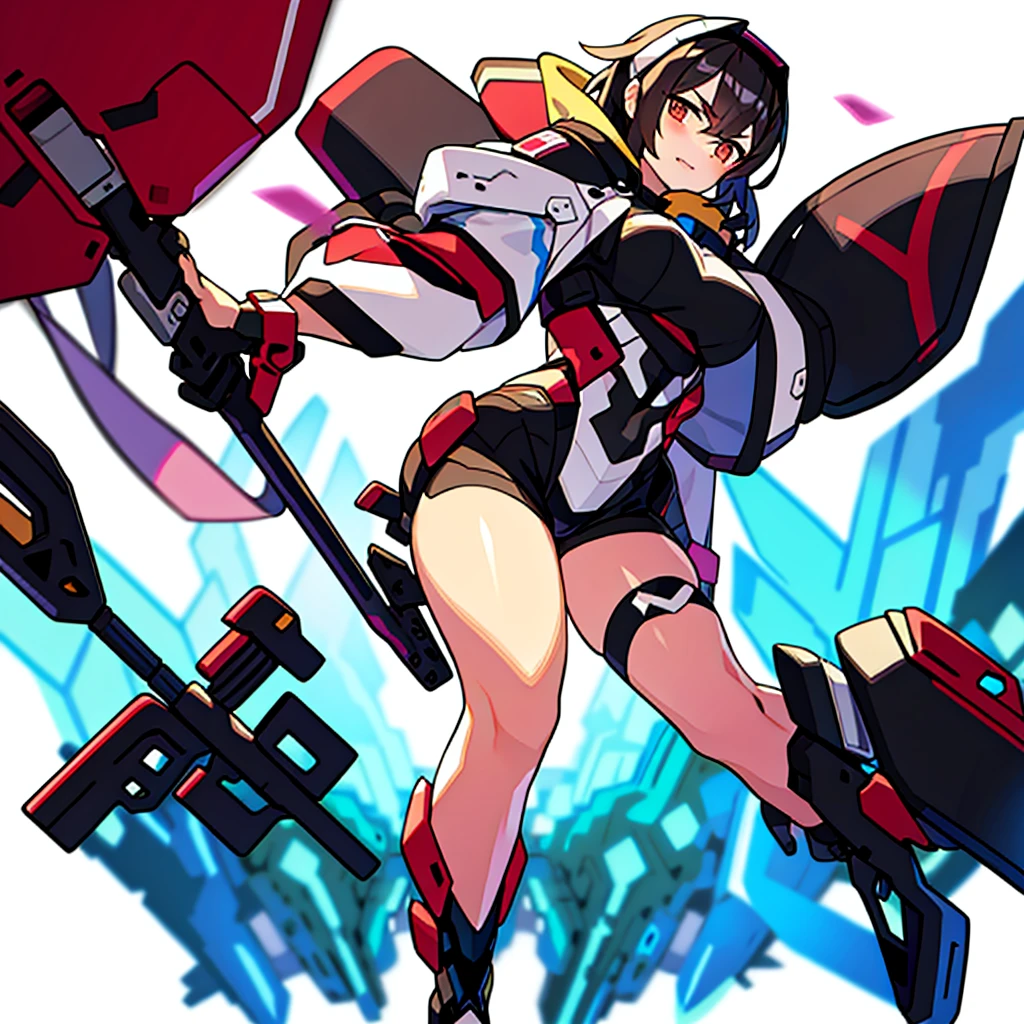 solo female, upright posture, standing, (((blurry background, white background))), character focus, fantasy clothes, character design, shorts, holding weapon,
