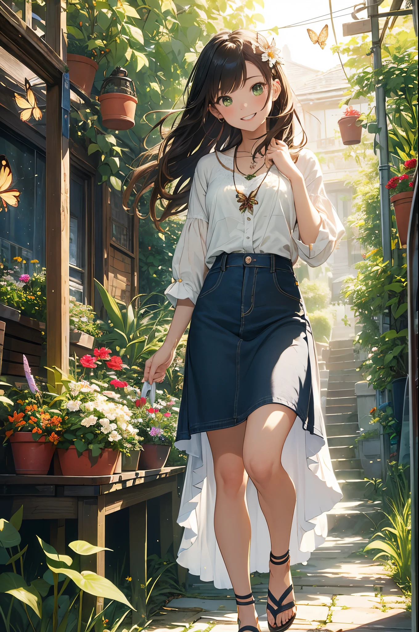 CG, Unite, 8k, wallpaper, (masterpiece), (best quality),(1 girl:1.3),best lighting, complex student, intricate textiles, Detailed background, garden, night, Sunlight明媚, Upper body, from the front, smiling, thin and long, , green eyes, White shirt, Denim skirt, sandals, necklace, (flower, Butterfly, Sunlight),