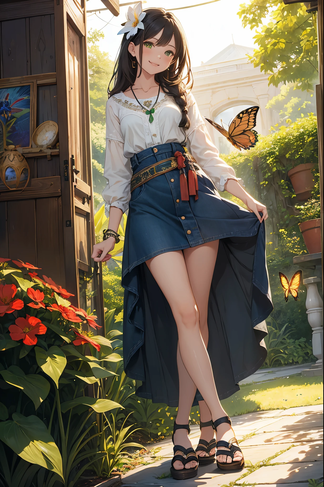 CG, Unite, 8k, wallpaper, (masterpiece), (best quality),(1 girl:1.3),best lighting, complex student, intricate textiles, Detailed background, garden, night, Sunlight明媚, Upper body, from the front, smiling, thin and long, , green eyes, White shirt, Denim skirt, sandals, necklace, (flower, Butterfly, Sunlight),