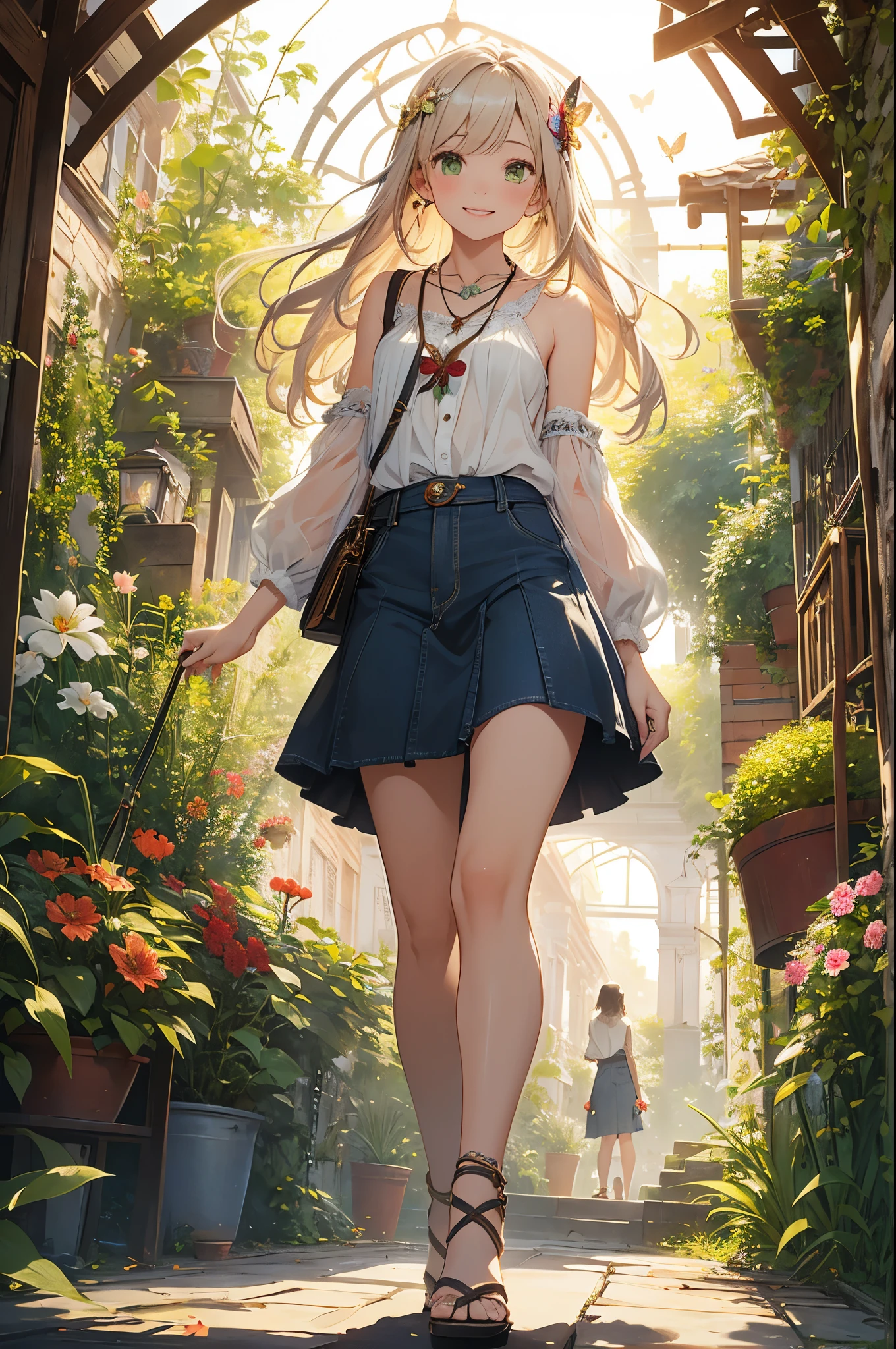 CG, Unite, 8k, wallpaper, (masterpiece), (best quality),(1 girl:1.3),best lighting, complex student, intricate textiles, Detailed background, garden, night, Sunlight明媚, Upper body, from the front, smiling, thin and long, , green eyes, White shirt, Denim skirt, sandals, necklace, (flower, Butterfly, Sunlight),