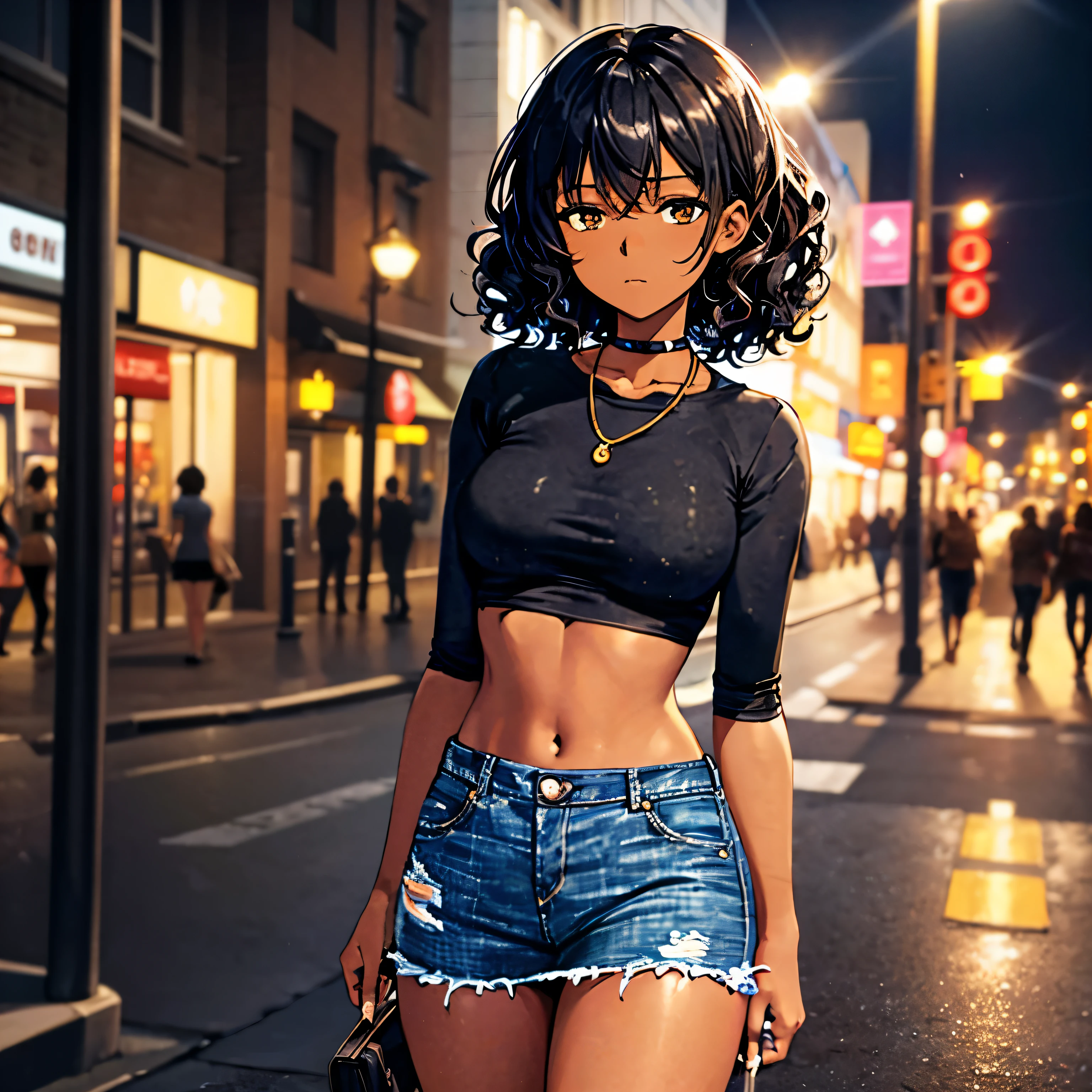 one girl, dark skin, brown skin, black skin, brown eyes, curly hair, short hair, pitch+black hair, crop top, mini skirt, jeans skirt, light-coloured skirt, dark street, street lights, night city, city at night