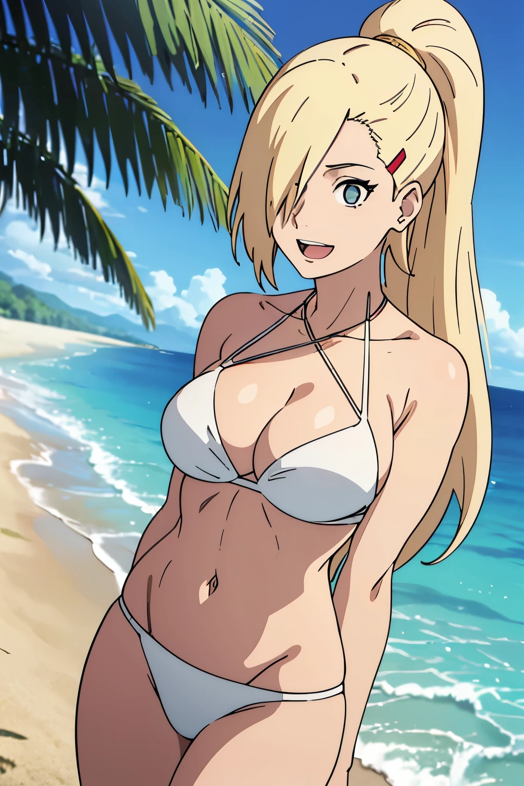 string bikini, milf, tan, (excited look), Ino yamanaka, looking at the viewer, ultra detailed face, sunny day, day time, upper body view, anime style, solo, (pure white bikini), detailed beach side, cleavage, (medium breasts), blonde, ((one eye covered with hair, hair over eye)), looking at the viewer, thick arms, (off-shoulders, wide shoulders, very little biceps, curving body), hidden eye, smile, open mouth, very happy, tall, hair clip, sharp look, sharp face, sharp eye, long neck, groin, belly button, cold colors, double bra, thighs
