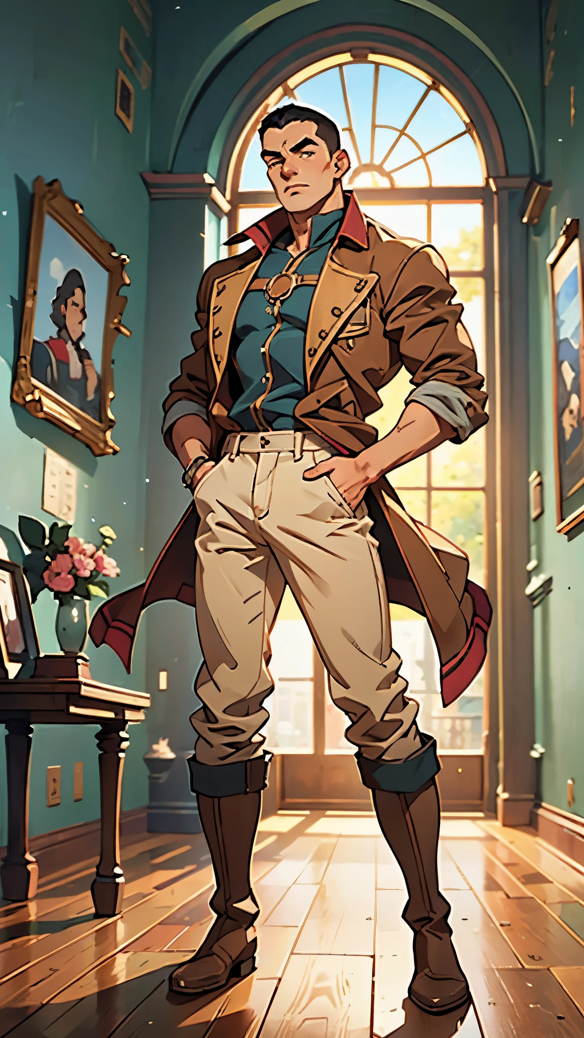 In the backdrop of an ancient fantasy-reality setting, a youth sporting a platinum crew cut displays a piercing gaze and confident demeanor. Adorned in a two-piece fusion outfit, seamlessly blending Western and Eastern influences, he wears a snug dark top paired with a vibrant yellow-blue short jacket. The lower half features loose white utility pants, and his sturdy long boots echo through the corridors of an antiquated architectural landscape. The overall aesthetic captures the essence of a refined and mature anime-inspired rogue, symmetrical face, extremely detailed eyes and face, high quality eyes, high definition, highres, ultra-fine painting, exquisite and mature, extremely delicate, professional, anatomically correct, creativity, UHD, HDR, 32k, Natural light, cinematic lighting, best shadow, masterpiece-anatomy-perfect, best quality, masterpiece, ultra-detailed