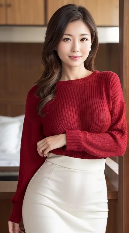 (masterpiece:1.3), (8K, Photoreal, Raw photo, best image quality: 1.4), Japan's most beautiful mother、my chest is too big(deep valley)、Shiny skin containing oil、highest quality、masterpiece、32,000 images、Photos taken with the highest quality camera(perfect lighting)、Inside the Shinkansen、Overflowing motherhood、slight smile、sensual body、obscene body、perfect proportions、knit sweater