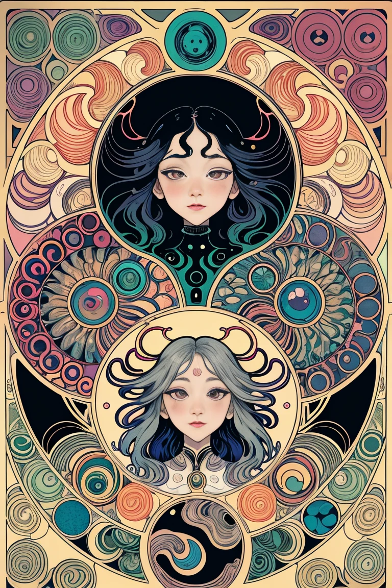 Shirt design , Mucha Style, vector art, line art, ferrofluid ink sumi-e drawing, minimal, surreal, 70s Art, LSD art, multi exposure, autostereogram, optical ilussion, twisted, 🦍🦊😜🥰😇, dreamlike, rule of thirds, inspired by MUCHA and Dali and DISNEY, liquid gold splash, liquid silver splatter, by Andy Kehoe